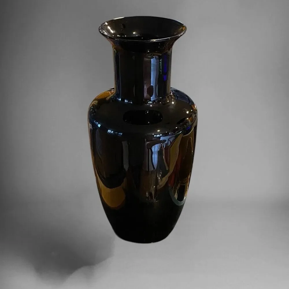 CROWN CORNING GLASS WORKS FIRENZE 12” HANDBLOWN BLACK GLASS VASE Handblown in It